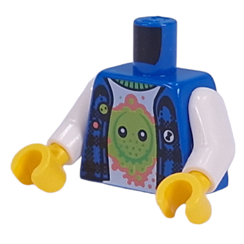 Lego Torso, Sweater, Lime Collar, Lime Z-Blob on Coral Background print, White Arms, Yellow Hands / Blue