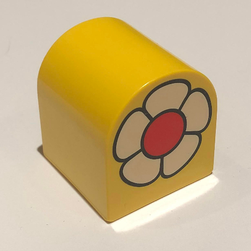 Lego Duplo Brick 2 x 2 x 2 Curved Top with White Flower with Red Center Print / Yellow