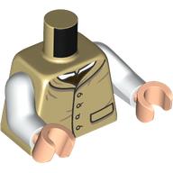 Lego Torso, Jacket, Buttons, Pocket, Dark Brown/White Shirt, White Arms, Light Nougat Hands / Tan