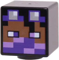 Minifigure, Head, Modified Cube with Pixelated Goggles with Silver Lenses, White Glints and Eyes, Medium Brown Face, Lavender and Dark Purple Mask Pattern (Minecraft Ghast Keeper)