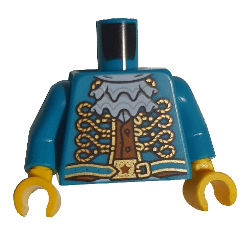 Lego Torso Jacket with Gold Filigree, White Ruffle, Orange Shirt print, Dark Turquoise Arms, Yellow Hands / Dark Turquoise
