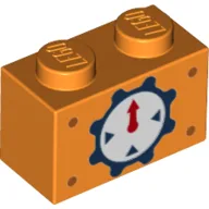 Brick 1 x 2 with Clock with Red Hand on Gear Background Print / Orange