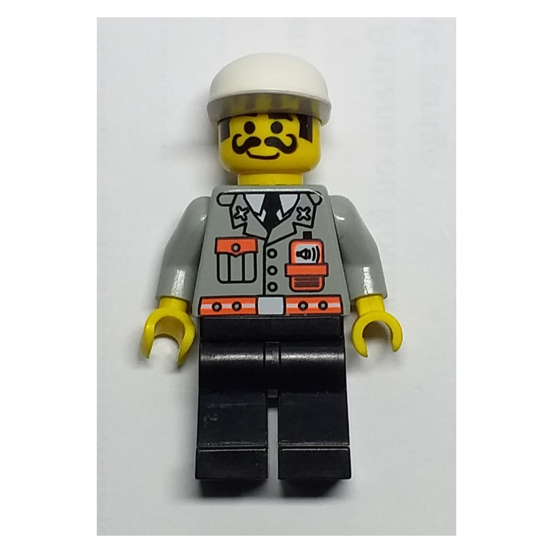 Lego Fireman, Light Gray Jacket with Radio and Pocket, White Cap, Moustache