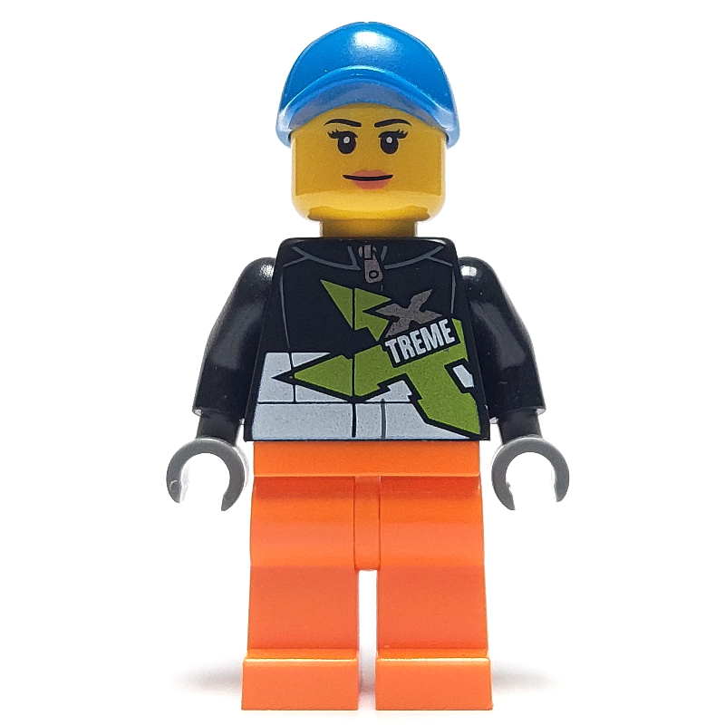 Lego Racer, Woman, Black Jacket with Extreme Team Logo, Orange Legs, Blue Cap