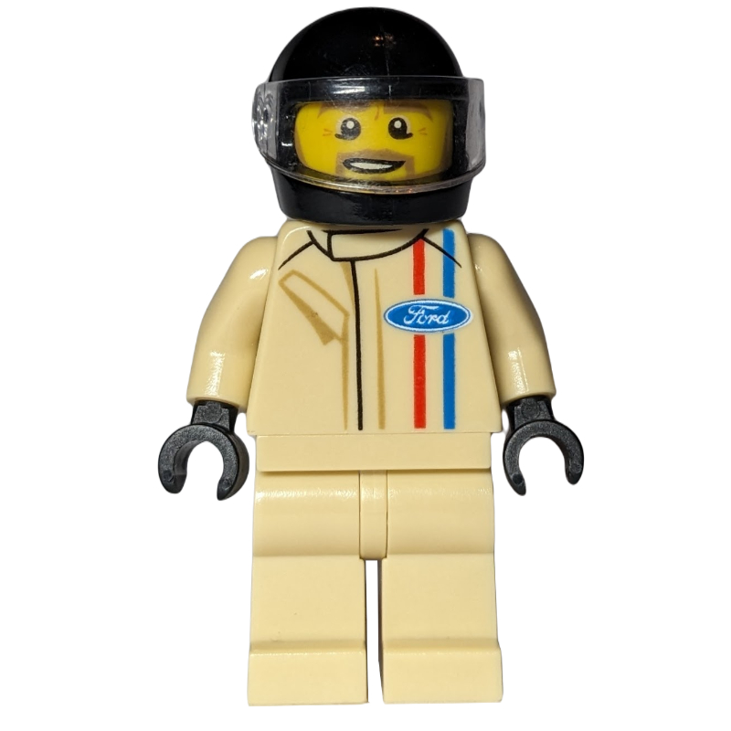 Lego Race Driver, Tan Torso, Tan Legs, Black Helmet, Ford