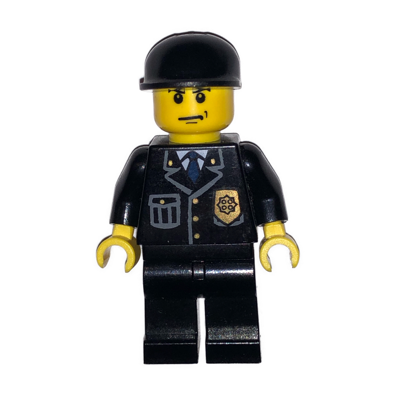 Lego Policeman, Black Jacket with Pocket and Badge, Black Cap