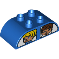 Lego Duplo Brick 2 x 4 Curved Top - Double Windows with printed Figures on Both Flat Sides - Side A Male and Dog - Side B Male and Female
