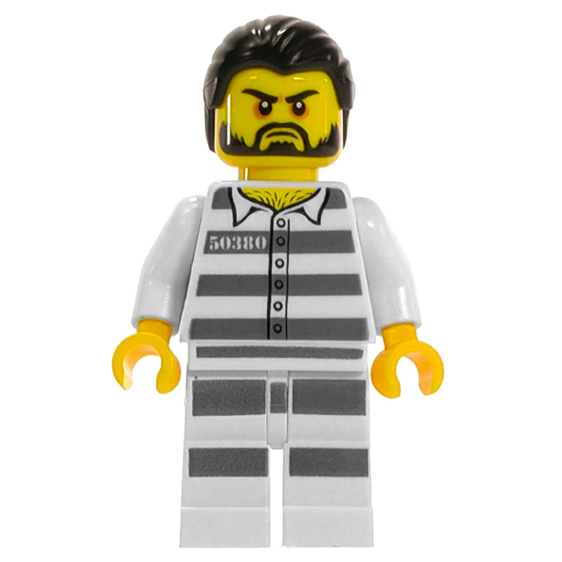 Lego Criminal, Prison Shirt with #50380, White Legs with Prison Stripes, Black Hair, Beard