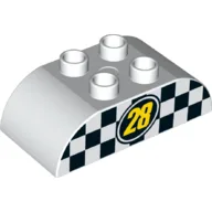 Duplo Brick 2 x 4 Curved Top with Yellow '28' with Black and White Checkered Print / White
