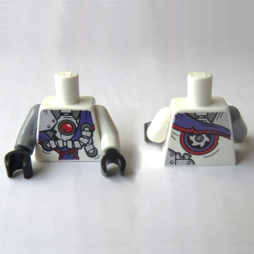 Lego Torso, Odd Arms, Robe, Tattered, Red Dot, Metal Plates and Tubes, Purple Sash Print, Left White Arm, Right Flat Silver Arm, Black Hands / White