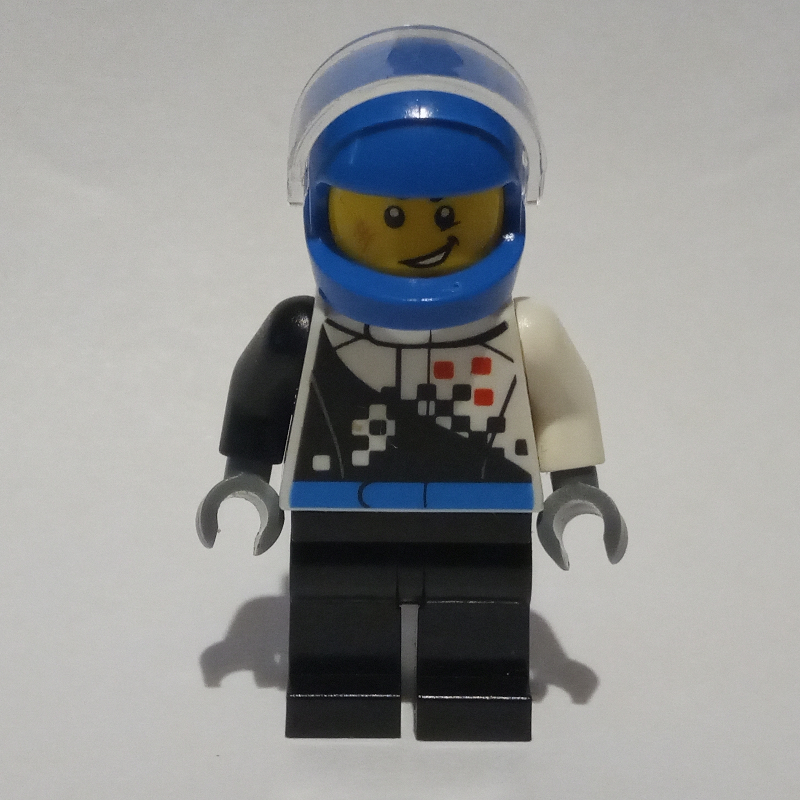 Lego Racer, Black and White Jumpsuit, Blue Helmet with Visor, Scar