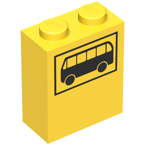 Lego Brick 1 x 2 x 2 with Inside Axle Holder with Black Bus Print / Yellow