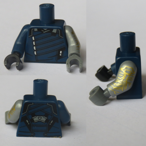 Lego Torso, Odd Arms and Hands, Vest, Black Trim Print (Winter Soldier), Left Light Bluish Gray Arm and Dark Bluish Gray Hand, Right Dark Blue Arm and Black Hand / Dark Blue
