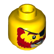 Lego Minifig Head Captain Redbeard, Red/Gray Beard, Eyepatch, Reddish Brown Mustache Print / Yellow