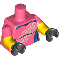 Lego Torso, Dual Molded Arms, Dark Azure Panels and White Stripe Print, Coral Sleeves Pattern, Yellow Arms with Bandage Print, Black Hands / Coral