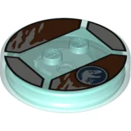 Function Brick Round 4 x 4 x 2/3 with 2 Studs and Jurassic World Symbol and Brown Ragged Edges Print / Trans-Light Blue