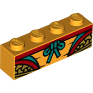 Lego Brick 1 x 4 with Gold/Red Decorations, Dark Turquoise Bow / Bright Light Orange