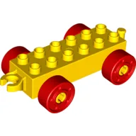 Duplo Car Base 2 x 6 with Fake Bolts, Open Hitch End and Red Wheels / Yellow