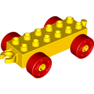 Lego Duplo Car Base 2 x 6 with Fake Bolts, Open Hitch End and Red Wheels