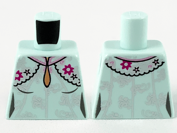 Lego Torso Female Dress, Teardrop Neckline, Silver Flower Filigree, Magenta Flowers and Black Stars Pattern