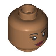 Lego Minifig Head Black Eyebrows, Dark Red Lips, Smirk/Open Mouth Smile / Medium Nougat