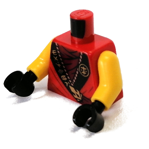 Lego Torso Robe with Black Trim with Asian Characters, Dark Red Undershirt Print (Kai), Yellow Arms, Black Hands / Red