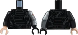 Torso Armor Panels, Straps and Belts with Dark Bluish Gray Outlines, Silver Buckles and Highlights Pattern / Flat Silver Arm Left with Armor Plates and Red Star Pattern / Black Arm Right / Black Hand Left / Light Nougat Hand Right