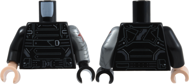 Lego Torso Armor Panels, Straps and Belts with Dark Bluish Gray Outlines, Silver Buckles and Highlights Pattern / Flat Silver Arm Left with Armor Plates and Red Star Pattern / Black Arm Right / Black Hand Left / Light Nougat Hand Right