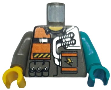 Lego Torso Rock Raiders Orange Patch, 2 Hoses Pattern (Chief) / Dark Turquoise Arm and Hand Left / Dark Gray Arm and Yellow Hand Right