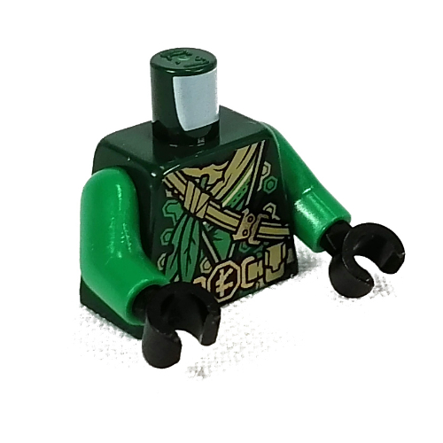 Lego Torso Robe with Gold Straps, Belt, Asian Symbol, Green Leaves print, Green Arms, Black Hands / Dark Green