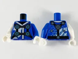 Torso Tunic, White Hems, Black Straps, Medium Azure Circles Pattern / Blue Arm Left / White Arm Right / White Hands