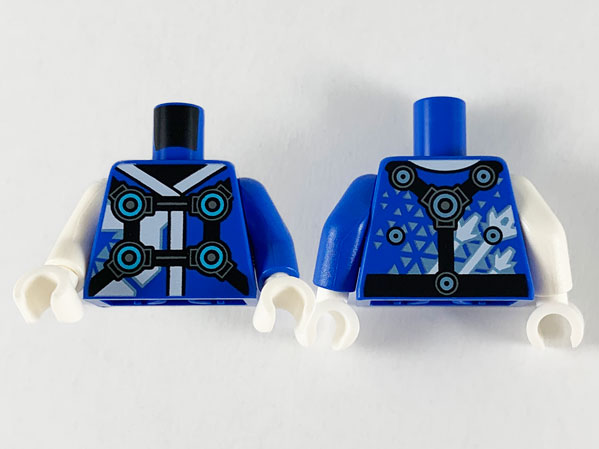 Lego Torso Tunic, White Hems, Black Straps, Medium Azure Circles Pattern / Blue Arm Left / White Arm Right / White Hands