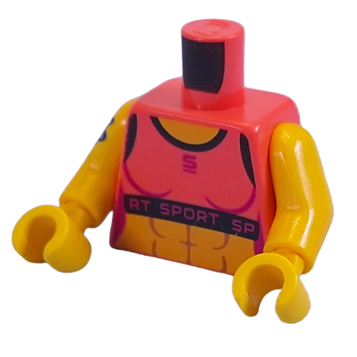 Lego Torso, Coral Top, Magenta 'RT SPORT RT', Arm Tattoos print, Yellow Arms and Hands / Coral