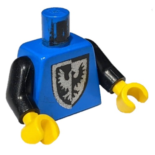 Lego Torso Black Falcon Pointier Bottom Shield Print (1st Reissue), Black Arms, Yellow Hands / Blue