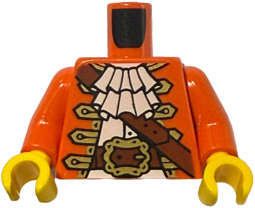 Lego Torso Pirate Jacket Open, Gold Trim, White Shirt with Neck Ruffle, Reddish Brown Strap, Belt with Buckle, Hourglass on Back Pattern (BAM) / Reddish Orange Arms / Yellow Hands
