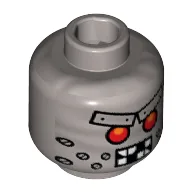 Minifig Head Wiley Fusebot, Red Eyes, Metal Eyebrows with Rivets, Broken Teeth and Stubble Bolts Print [Hollow Stud] / Flat Silver