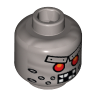 Lego Minifig Head Wiley Fusebot, Red Eyes, Metal Eyebrows with Rivets, Broken Teeth and Stubble Bolts Print [Hollow Stud] / Flat Silver