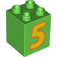 Duplo Brick 2 x 2 x 2 with Yellow '5' Print / Bright Green
