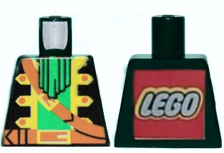 Lego Torso Pirate Captain Jacket Open with Yellow Trim over Green Shirt with Neck Ruffle, Brown Strap, Belt with Buckle, LEGO Logo on Back Pattern