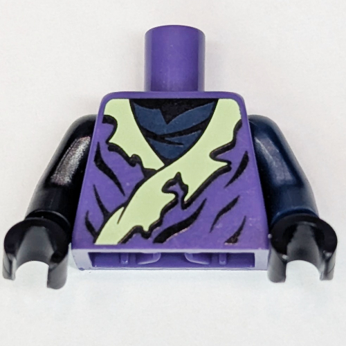 Lego Torso Robe, Yellowish Green Collar and Dark Blue Undershirt, Creature in Circle on Back Print, Dark Blue Arms, Black Hands / Dark Purple
