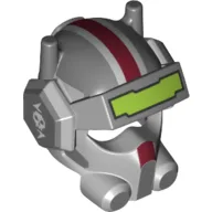 Helmet, Visor, Headset, Breathing Apparatus with Dark Red Stripe, Skull on Ear Protectors, and Lime Visor Print / Dark Bluish Gray