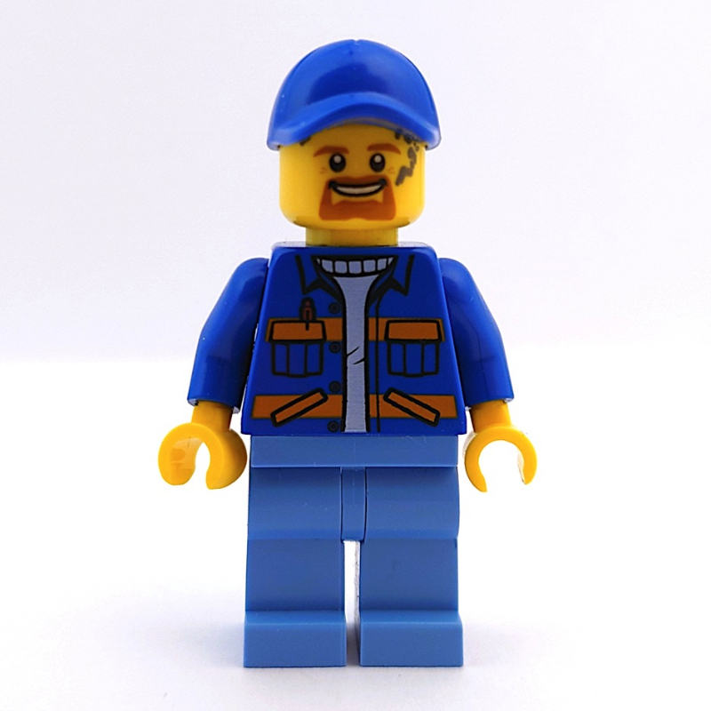 Lego Worker, Blue Jacket with Orange Stripes, Medium Blue Legs, Blue Cap, Goatee Beard