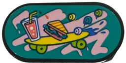 Tile, Round 2 x 4 Oval with Yellow Skateboard with Lime Wheels, Drink, Sandwich, Bright Pink Graffiti and Paint Splotches on Dark Turquoise Background Pattern (Sticker) - Set 41751