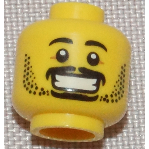 Lego Minifig Head, Beard, Stubble, Mustache, Goatee, Eyebrows, and Open Mouth Smile Print / Yellow