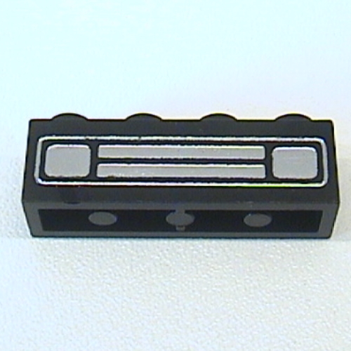 Lego Brick 1 x 4 with Bottom Tubes, Lowered Center Cross Support with Chrome Silver Car Grill Print [Embossed] / Black