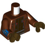 Lego Torso, Jacket, Blue Gauntlets, Dark Brown Vest, Ammunition Belt print, Reddish Brown Arms, Dark Brown Hands / Reddish Brown