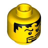 Minifig Head Rascus / Soldier / Knight / Warrior / Soccer Player, Male, Messy Black Hair, Goatee Print / Yellow