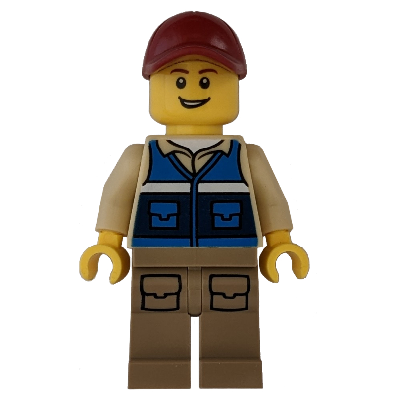 Lego Man, Blue Vest, Dark Tan Legs, Dark Red Cap