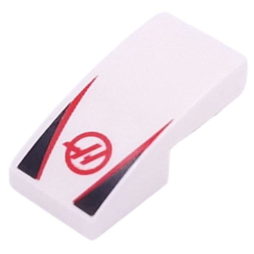 Lego Brick Curved 2 x 1 No Studs with Red HAAS Logo, Red Strips, Black Triangles print / White