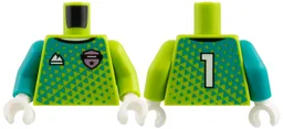 Torso Jersey, Dark Turquoise Triangles, Metallic Pink Badge, White Sports Mountain Logo and 1 on Back Pattern / Lime Arm Left / Dark Turquoise Arm Right / White Hands